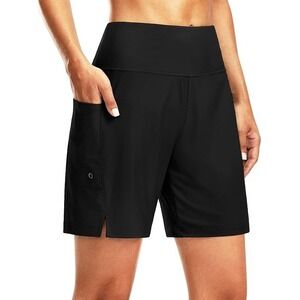G Gradual Women's 7" High Waisted Quick Dry Beach Board Shorts - Black - L